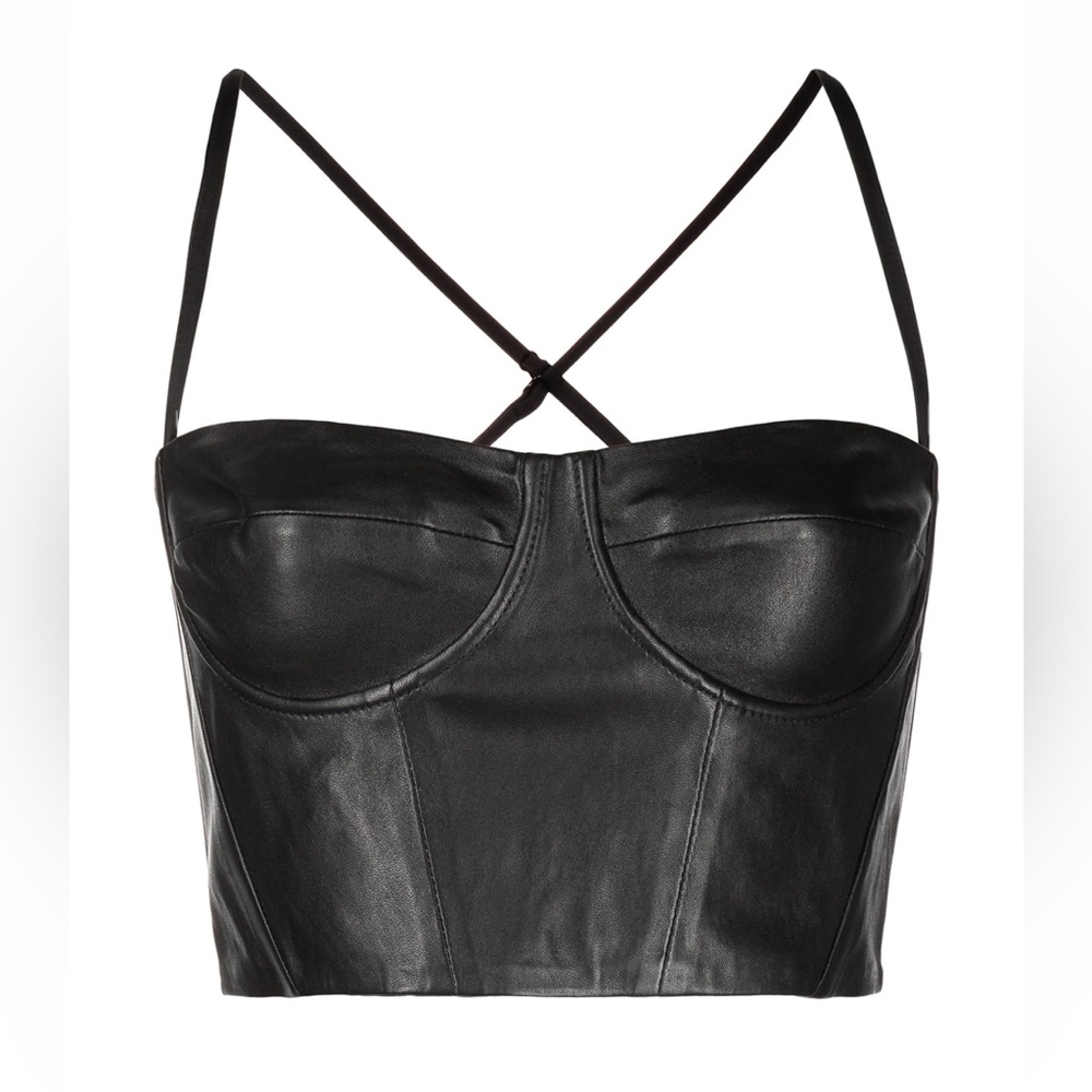 Michelle Mason Black Leather Bustier Crop Top – Size 4